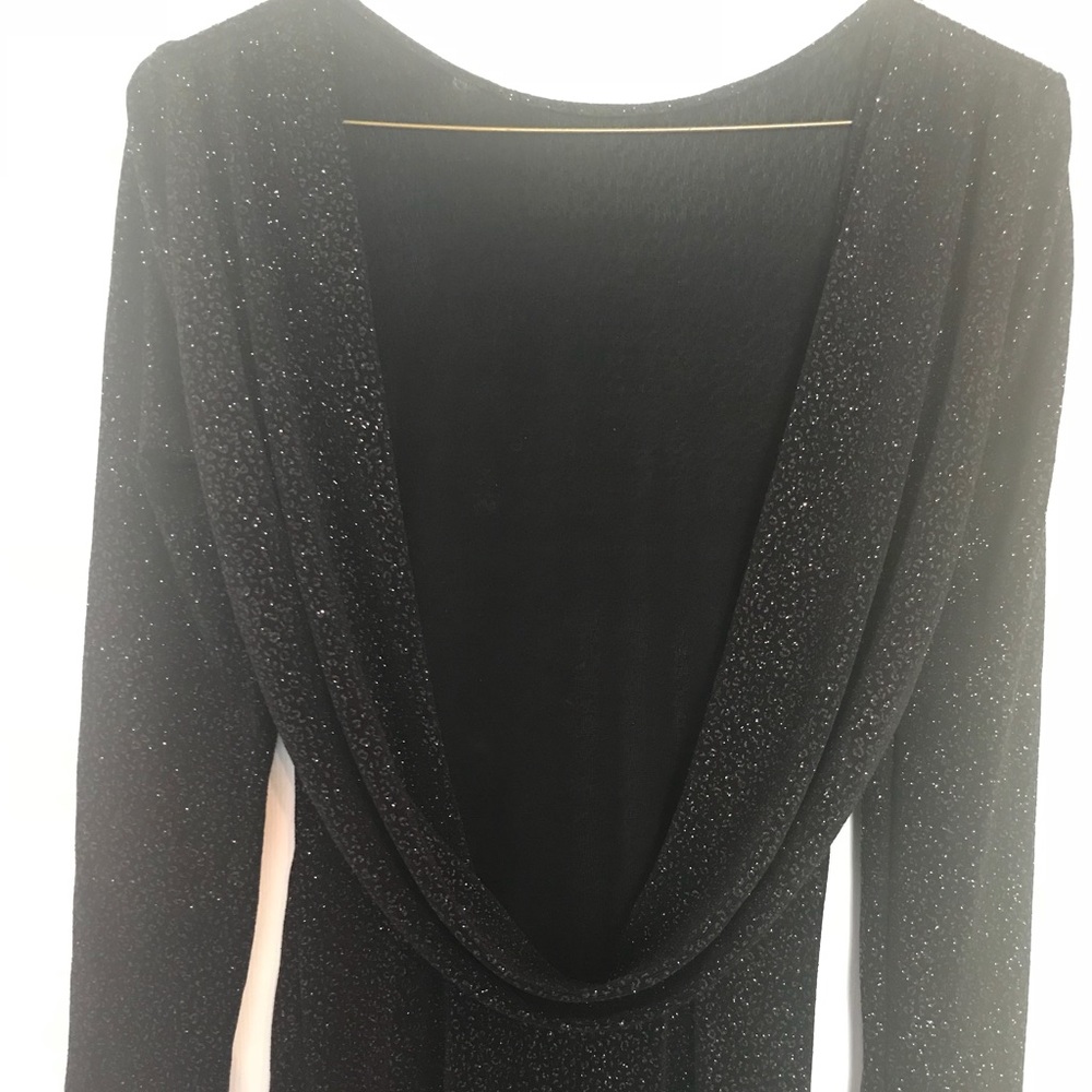 Sparkly black gown with train and drapery back